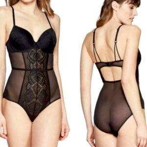 Auden Black Sheer Bodysuit with Corset Bra Black Lace Size L adjustable straps